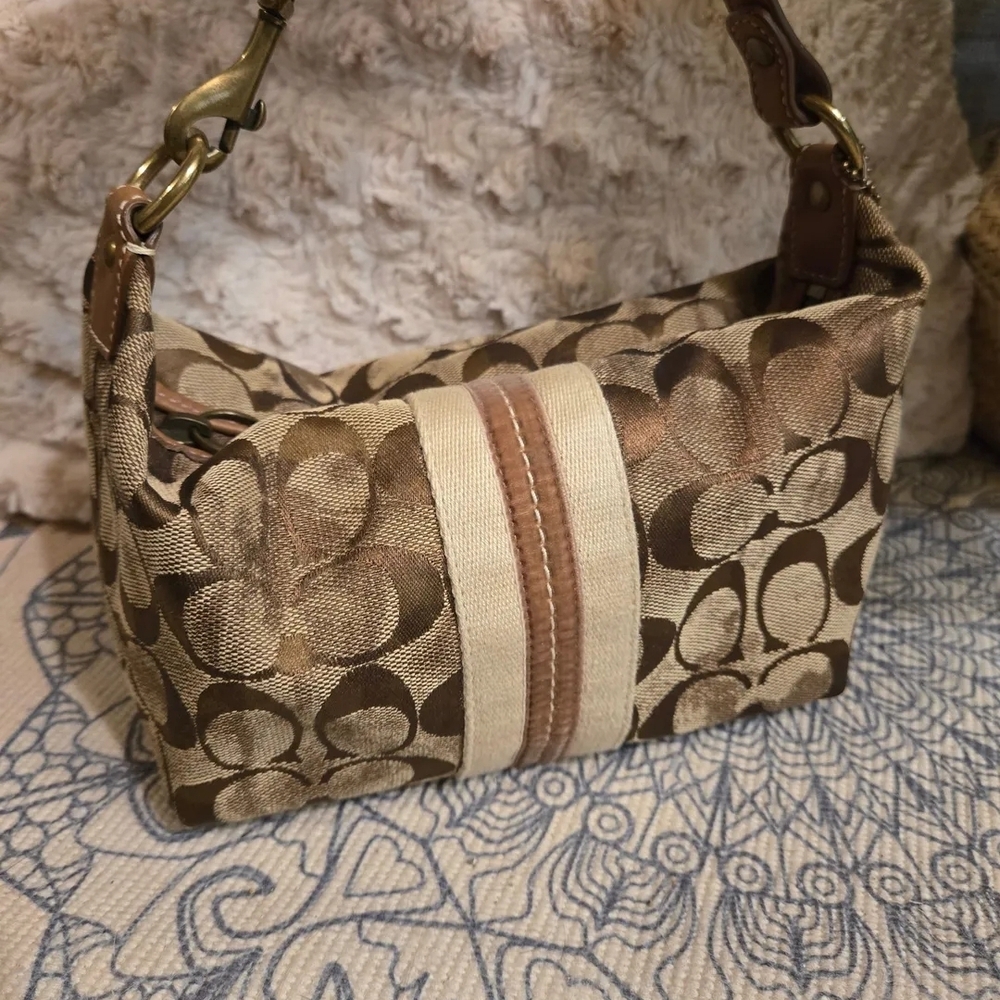 Coach Signature Jacquard Shoulder Bag in Khaki and Brown Mini Hobo Y2k